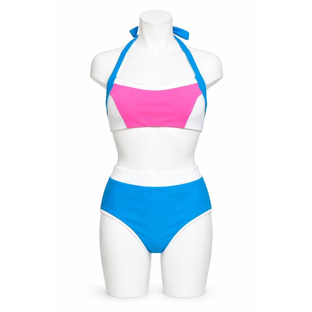 93 Play Street Bikini Set Women L Blue Pink White EUC Colorblock High Waist